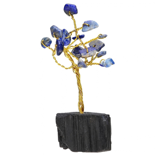 Mini albero della vita in lapislazzuli con base nera in tormalina e rami dorati