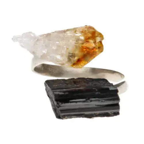 Anello in argento 925 con tormalina nera e quarzo citrino grezzo