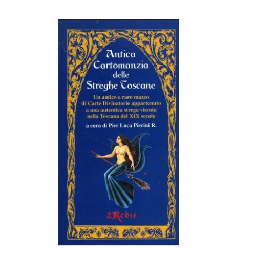 Copertina del libro con titolo Antica Cartomanzia delle Streghe Toscane e figura blu.