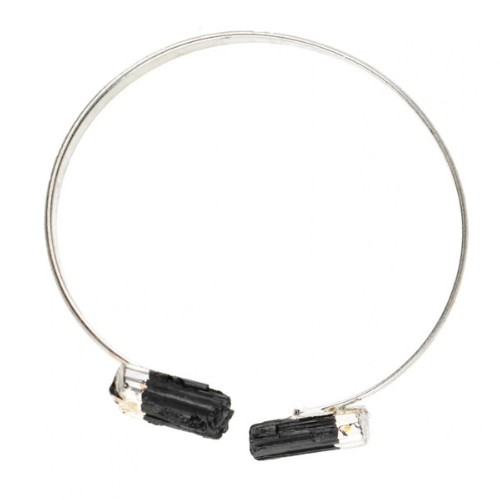 Bracciale rigido con tormalina nera grezza, montatura argento, due pietre
