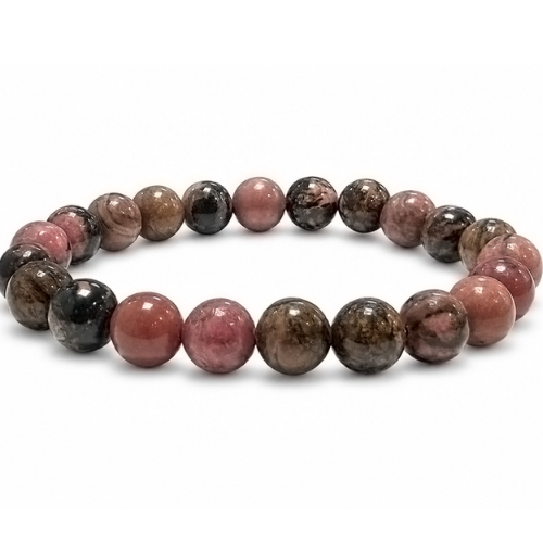 Bracciale in rodonite naturale con perle rotonde rosa, grigie e nere sfumate