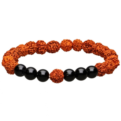 Bracciale con perle in rudraksha arancioni e sfere nere di tormalina, 8 mm