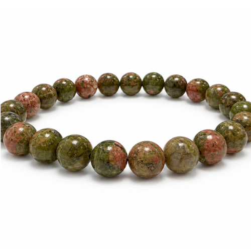 Bracciale di unakite naturale con perle 8–9 mm verdi e rosa