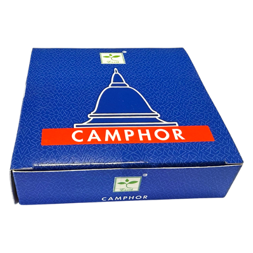 Confezione di canfora naturale: scatola blu chiusa con scritta CAMPHOR e logo verde