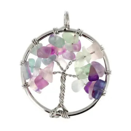 Ciondolo Circolare Albero della Vita in Fluorite Multicolore
