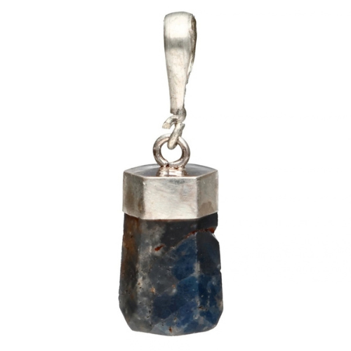 Ciondolo in zaffiro blu grezzo con castone in argento sterling 925.