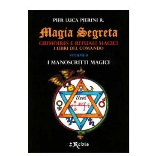 Copertina di libro scuro con simbolo a pentagramma e scritte colorate