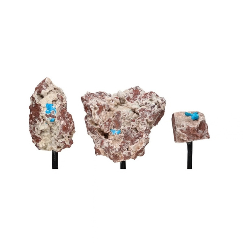 Set di tre esemplari di cavansite blu su supporti metallici neri
