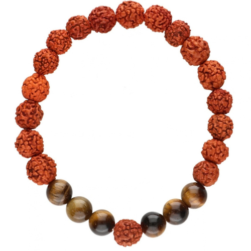 Bracciale sacro con perline Rudraksha rosse e sfere occhio di tigre marroni