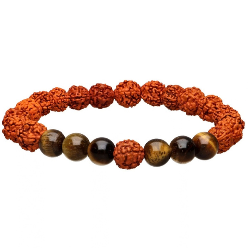 Bracciale sacro con fila di perline Rudraksha rosse e occhio di tigre scure