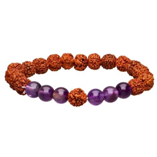 Bracciale con perline rudraksha marroni e sfere di ametista viola 8 mm