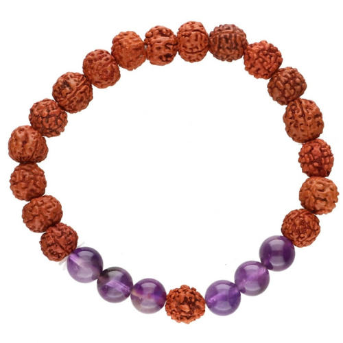 Bracciale circolare con perline rudraksha marroni e perle di ametista viola