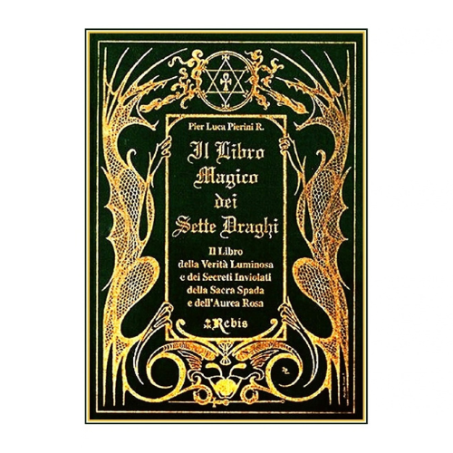 Libro con copertina verde scura e decorazioni dorate, frontespizio con simboli.